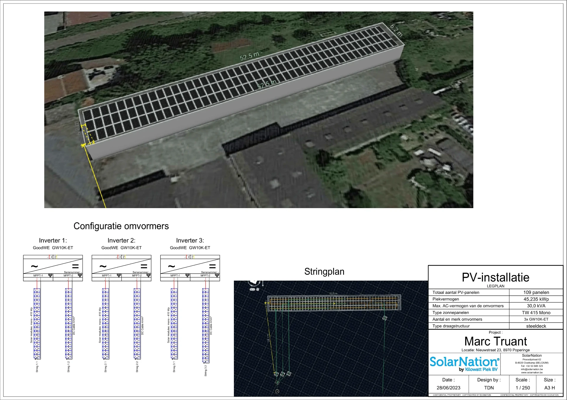 Solarnation project: EV laadpark met batterijopslag en zonnepanelen Poperinge Zonnepanelen legplan EV laadpark met BESS Poperinge - 93 panelen 38,595 kWp steeldeck montage Solarnation