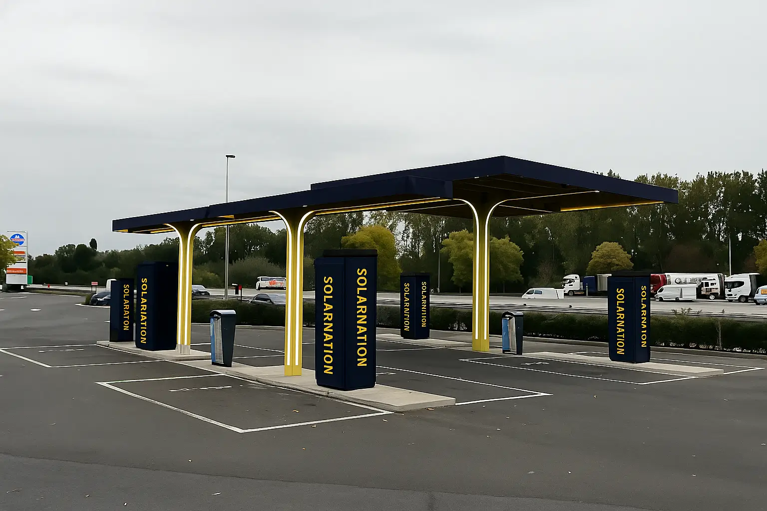 Solarnation zakelijk laadpark - Snelladers met overdekte zonnepanelen voor bedrijfswagenpark Solarnation EV-laadpark met snellaadstations en solar carport voor bedrijven in België