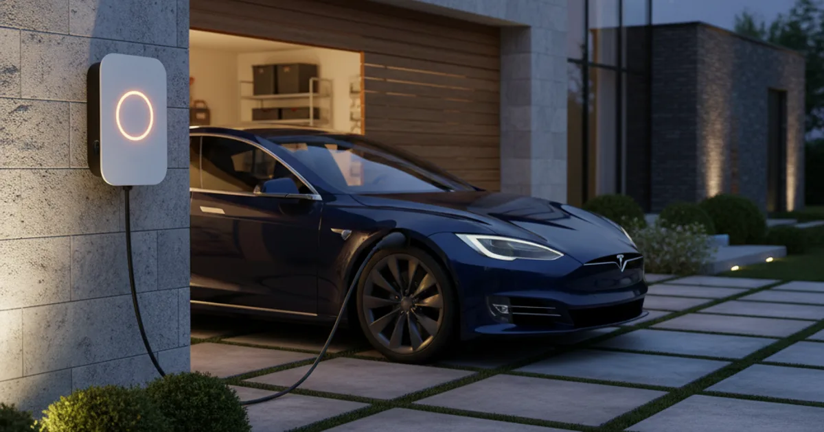 Laadpaal thuis installeren: kosten, vermogen en tips voor 2026 Witte EV-laadpaal aan een Belgische garagemuur met elektrische auto