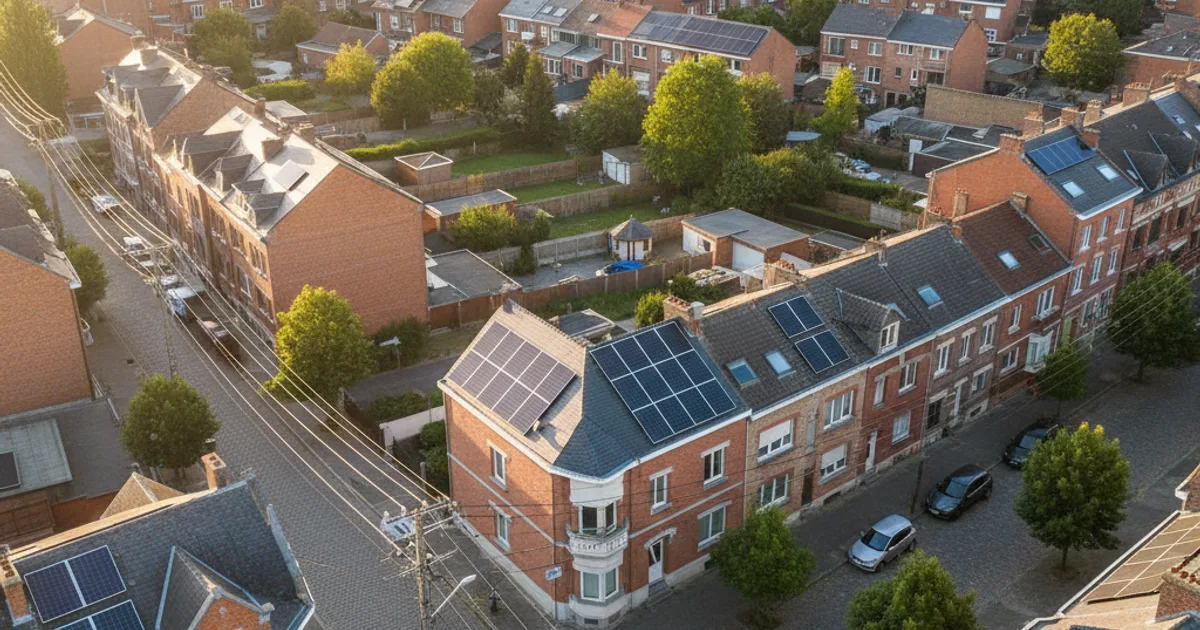 Netcongestie in Vlaanderen: wat betekent het voor jouw zonnepanelen? Luchtfoto van een Vlaamse wijk met zonnepanelen en elektriciteitsinfrastructuur