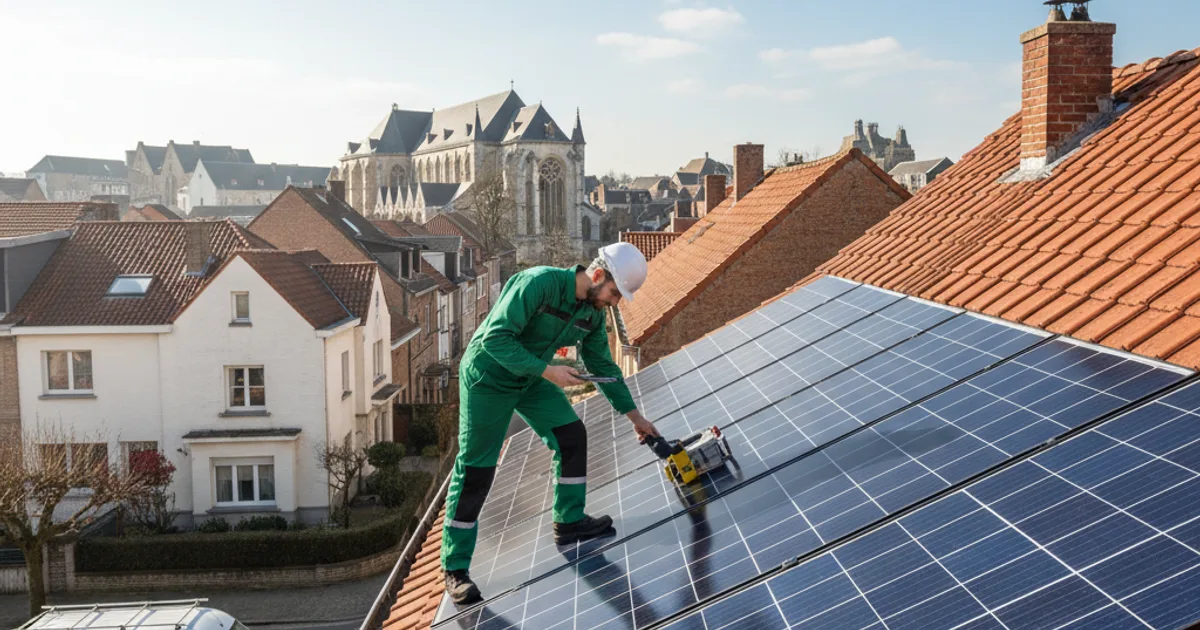 Wat gebeurt er bij een plaatsbezoek voor zonnepanelen? Technieker inspecteert zonnepanelen op een Belgisch dak