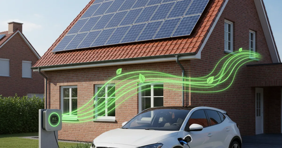 Slim laden met zonnepanelen: zo laadt je EV gratis Elektrische auto laadt op aan een thuislaadpaal met zonnepanelen op het dak