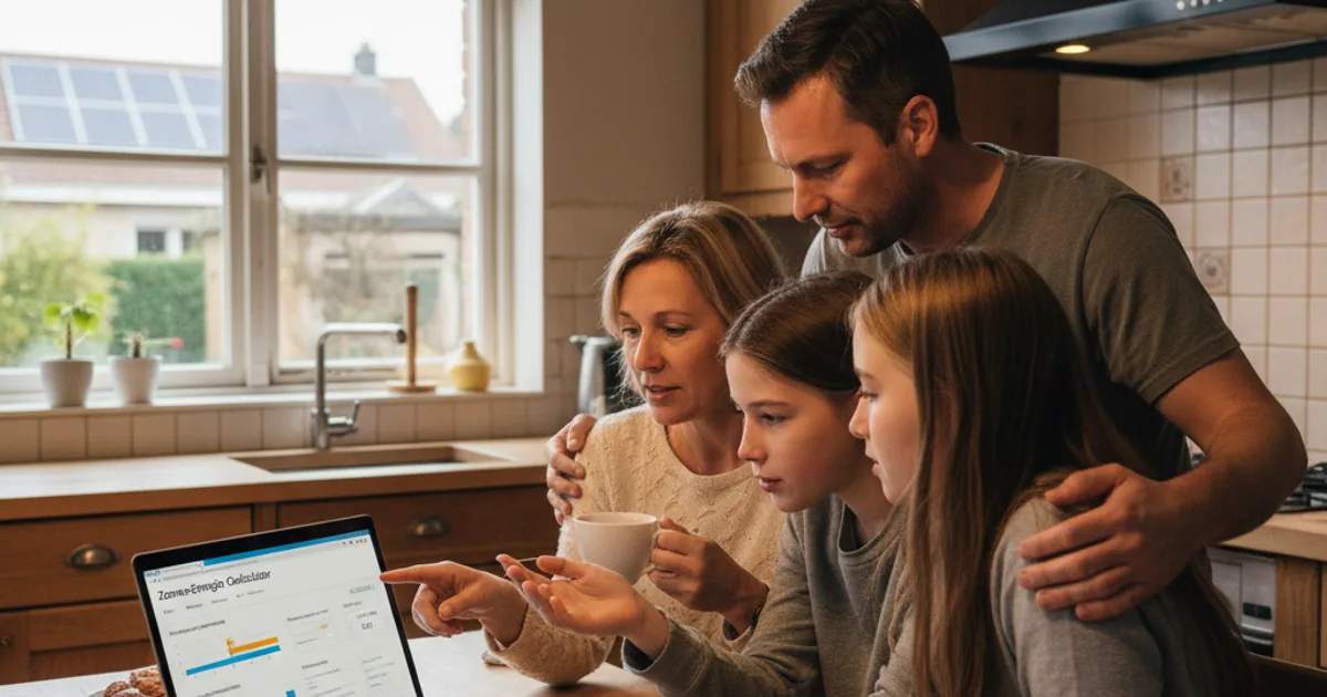 Terugverdientijd zonnepanelen 2026: realistische berekening Gezin bekijkt terugverdientijd calculator op laptop