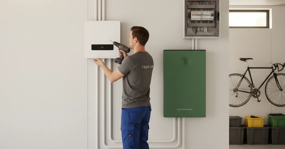 Thuisbatterij aansluiten: 4 methodes om je omvormer aan te passen (2026) Elektricien installeert hybride omvormer naast zekeringskast met thuisbatterij in Belgische woning