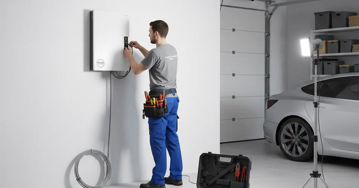 Thuisbatterij installatie: hoe verloopt dat stap voor stap? Elektricien installeert een thuisbatterij aan een garagemuur