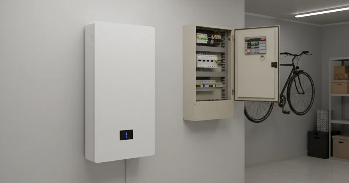 Thuisbatterij prijs 2026: wat kost een batterij per kWh? Moderne thuisbatterij gemonteerd aan een garagemuur