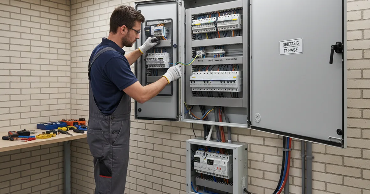 Verzwaring van 1 fase naar 3 fase: wanneer, kosten en aanvraag bij Fluvius Elektricien werkt aan een driedraads zekeringskast in een Belgische woning