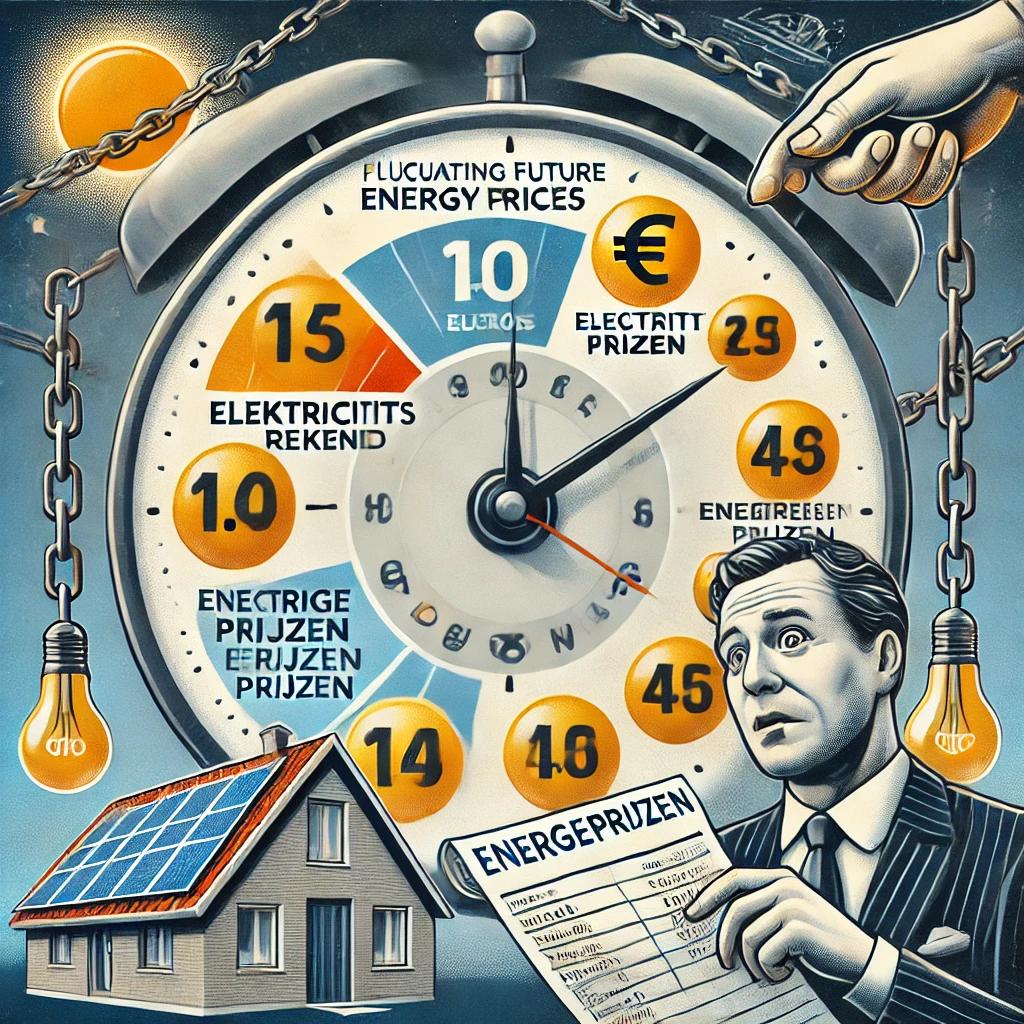 Illustratie van de toekomst van energieprijzen: een klok met fluctuaties in tarieven, een zakenman die energieprijzen beheerst, en een bezorgde huiseigenaar met een hoge elektriciteitsrekening.